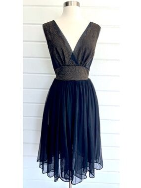 Vintage Sheer Negligee/ Dress with Lace Accent and Tie Waist - Black/Brown - S